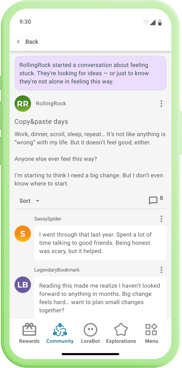 Lore app showing community feature