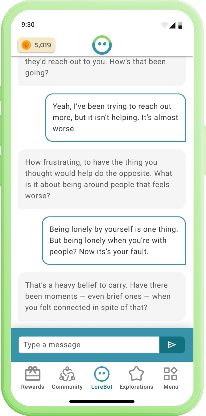 Lore app showing LoreBot chat feature