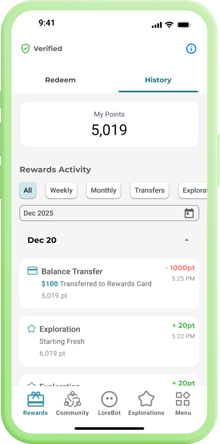 Lore app showing rewards feature
